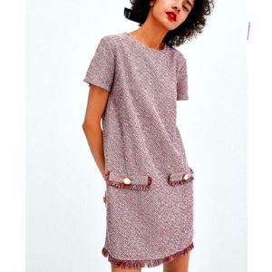 ZARA TRAFALUC SIZE M TWEED SHIFT FRINGE SHORT MINI DRESS MULTICOLOR